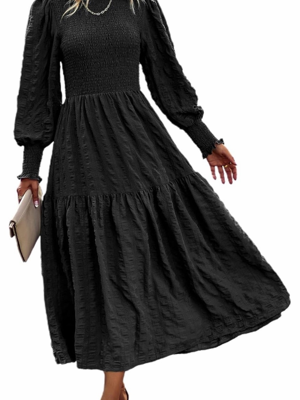 Smocked Bodice Black Maxi Dress with Balloon Sleeves